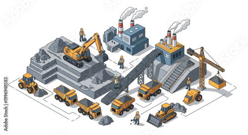 Isometric illustration of a coal mine depicts various mine workers operating heavy machinery, including excavators and dump trucks, against a clean white background, conveying a sense