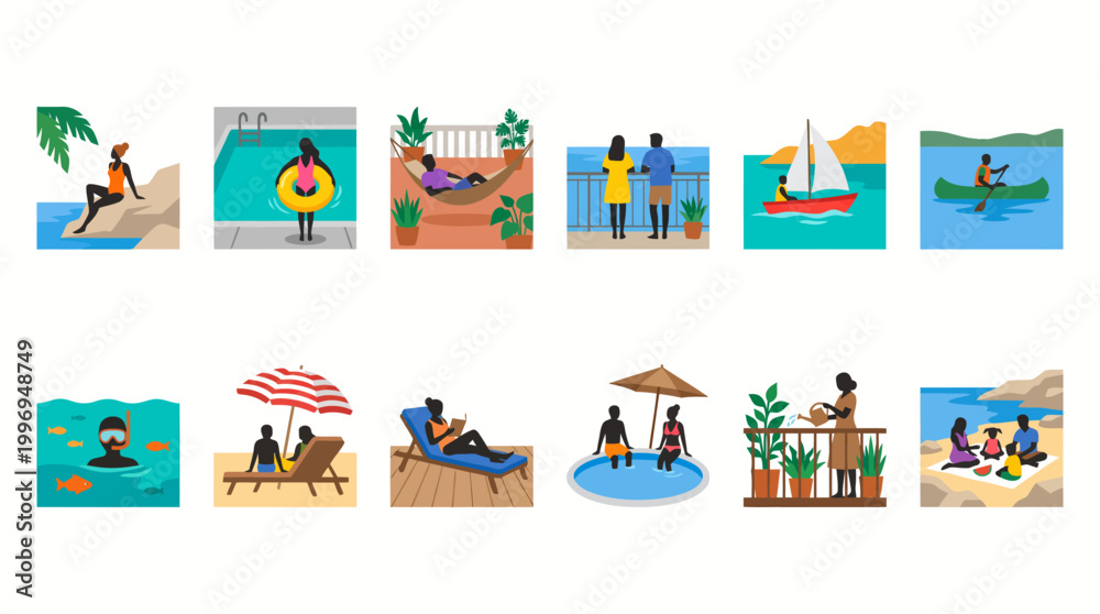 Fototapeta premium Collection of tropical vacation scenes featuring beaches, palm trees, boats, umbrellas, and seaside leisure activities.