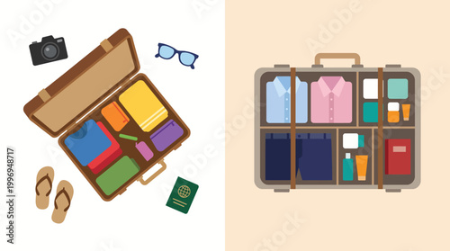 Open suitcase with colorful clothes and travel essentials beside a neatly organized wardrobe filled with garments and storage boxes