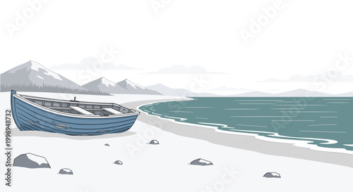 A weathered blue rowboat rests peacefully on a pristine sandy beach under a cloudy sky with majestic mountains and calm sea water in the distance.
