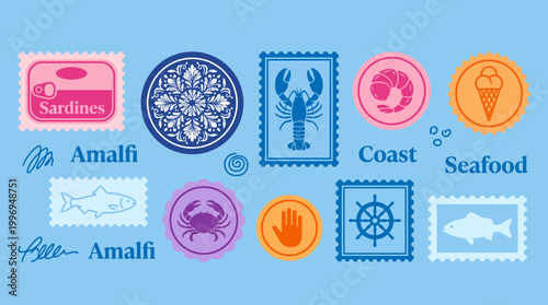 Vintage stamp-inspired collage celebrating Amalfi Coast seafood and nautical motifs with blue and pink stamps and maritime icons.