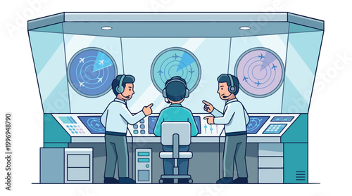 Air Traffic Control Center Illustration with Radar Screens and Aviation Workers Monitoring Flight Paths for Safe Airspace Management