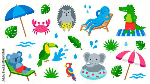 Colorful cartoon beach and ocean scene with tropical animals, umbrella, sun lounger, palm leaves, and playful sea life for kids