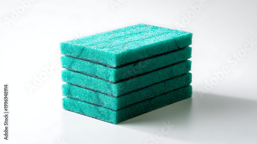 Stack of green kitchen cleaning sponges on white background