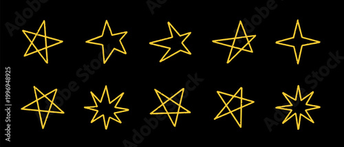 Hand Drawn Gold Star Icons Set, Chalk Celestial Symbols and Abstract Magic Outline Shapes. Modern Boho Decorative Vector Collection for Branding, Logos, Posters and Creative Templates.