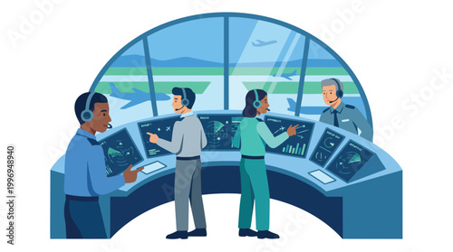 Air Traffic Control Team Monitoring Aircraft Operations in Modern Control Tower Illustration Vector