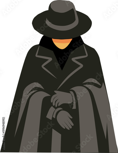 Flat illustration of a mysterious faceless person wearing a black trench coat, gloves, and a wide-brimmed hat