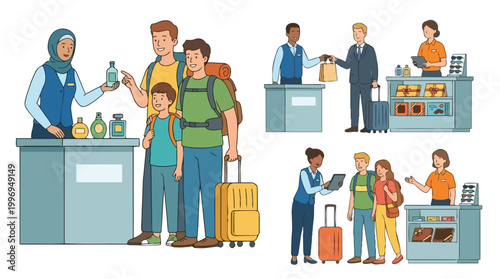 Airport Staff Assisting Diverse Travelers Vector Illustration Set Including Check In and Security Scenes