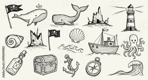 Hand Drawn Nautical Doodle Set with Whale, Boat, Shell and Sea Elements
