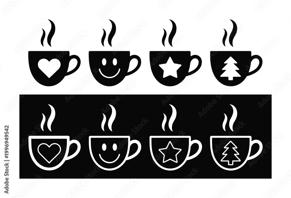 Obraz premium Set of Four Steaming Coffee Cups with Festive and Smiley Face