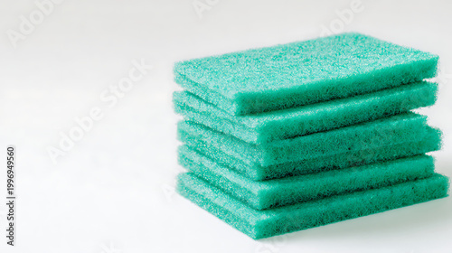 Stack of green cleaning sponges on white background