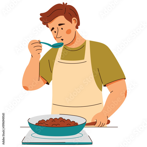 Man in apron fries food in frying pan and tastes it. Cozy home cooking scene featuring healthy food