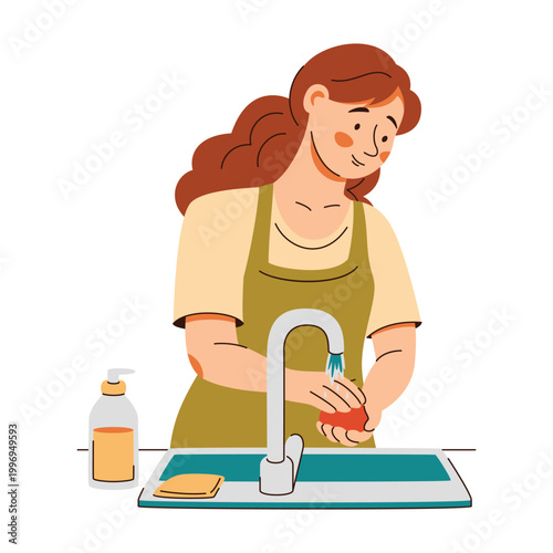 Woan in apron washes vegetables in sink under water. Cozy home cooking scene featuring healthy food