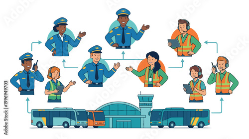 Airport Ground Crew Team Illustration Diverse Aviation Workers Coordinating Transport Operations Vector Graphic