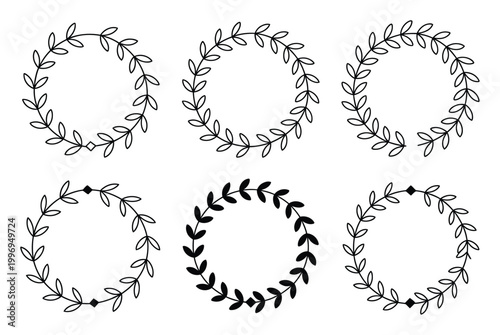 Six Hand-Drawn Laurel Wreaths with Leafy and Diamond Accents