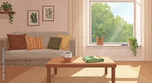 Cozy living room interior, modern home decor, comfortable furniture, sunny window