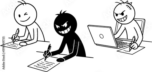 Stick figures in a classroom setting with one appearing sinister and another using a laptop
