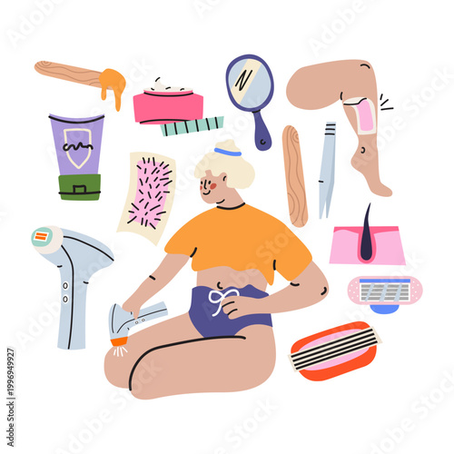 Hair removal and epilation tools set, wax, laser device, tweezers and creams. Beauty and self care vector illustration collection
