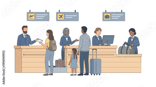 Airport Check In Counter Scene with Diverse Staff and Passengers Handling Luggage for Aviation Travel Services