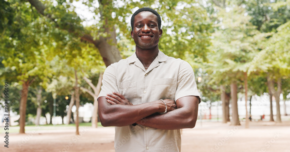 Fototapeta premium Arms crossed, business and portrait of black man in park for commute, development or opportunity. About us, confidence and smile of employee person outdoor for job satisfaction or travel to work