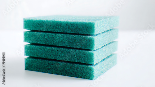 Stack of green cleaning sponges on white background