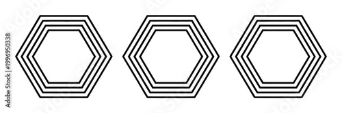 Three concentric hexagonal outlines arranged horizontally on a white background