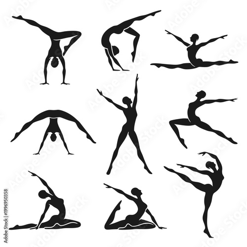 Professional Gymnastics and Dance Action Silhouette Set for Branding and Performance Arts