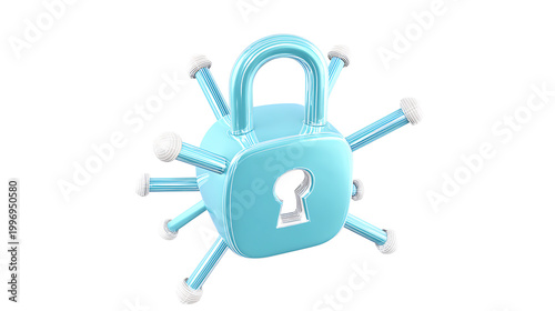 Light blue 3d padlock illustration with white tipped security pins