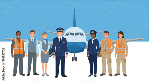 Diverse Aviation Workers Team Standing in Front of Airplane Vector Illustration for Transportation and Industry Concepts