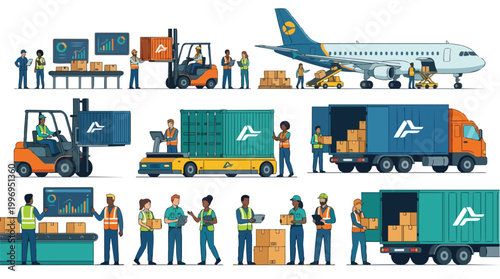Logistics and Supply Chain Management Illustration Featuring Diverse Workers and Aviation Transport Systems