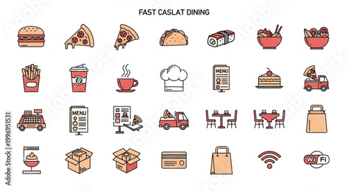 Collection of Fast Food Icons Representing Various Dishes and Services.