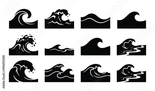 Canvas Print Set of 12 Black Silhouette Ocean Waves, Dynamic Sea Water Forms, Coastal Marine