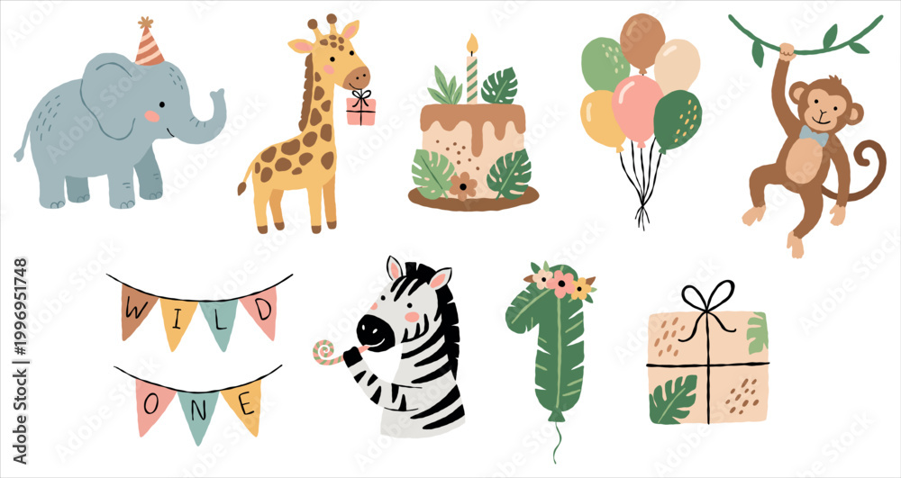 Fototapeta premium A 1st birthday safari party set. Cute animal clipart with balloons. Baby jungle milestone celebration