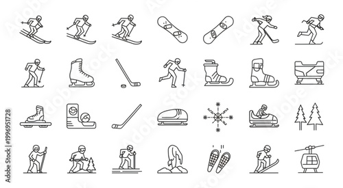 Collection of winter sports and activities icons in black and white.