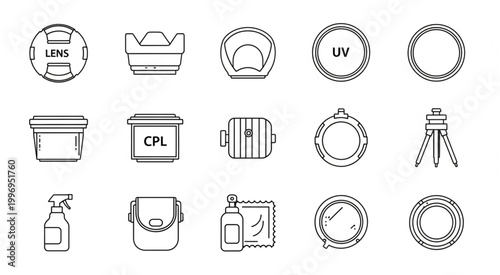 Collection of various photography equipment and accessories, all outlined.