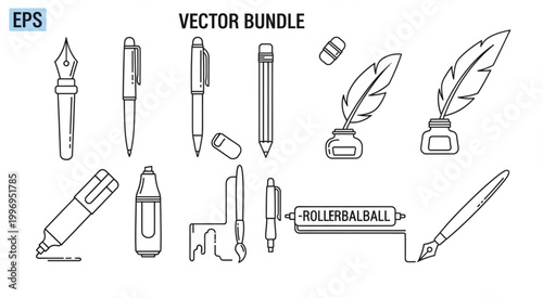 Collection of various writing tools and stationery vector bundle.