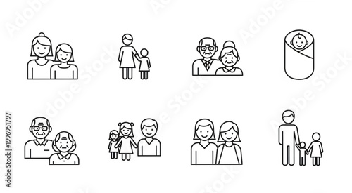 Family illustrations depicting various generations and relationships in simple line art style.