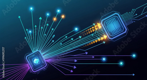 A futuristic vector graphic illustration of two microchips connected by glowing lines and arrows on a dark background