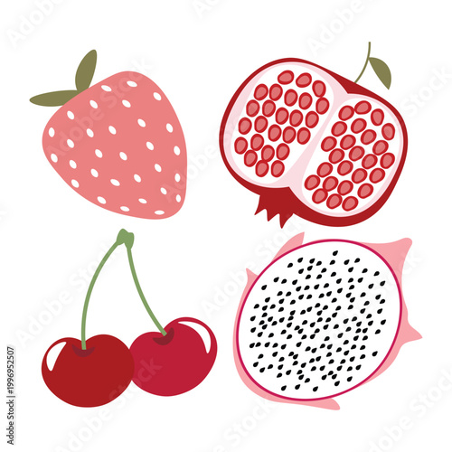 Flat vector illustration of fresh fruits including strawberry, pomegranate, cherry, and dragon fruit. Bright and clean fruit icons in a simple cartoon style.