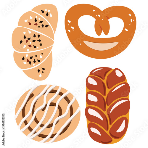 Flat vector illustration of assorted bakery items including croissant, pretzel, cinnamon roll, and sweet bread. Minimalist food icons in warm tones, perfect for menus, packaging, or bakery branding.
