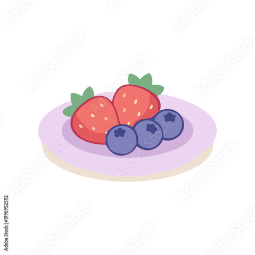 Fresh strawberries and blueberries on plate.