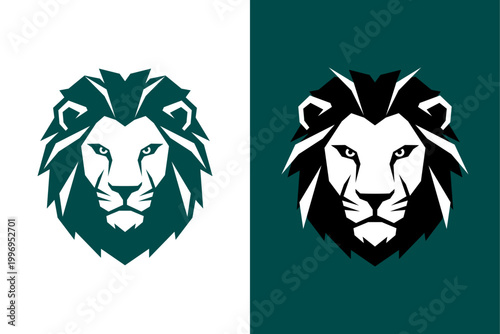 Modern Minimalist Geometric Lion Head Mascot Logo Design, Green Negative Space Animal Vector Emblem Badge