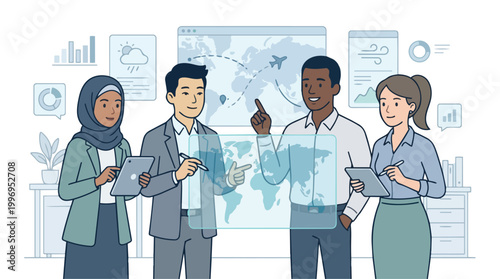 Diverse Team Collaboration Planning Global Aviation Routes with Digital World Map Projection for Business Strategy and International Travel