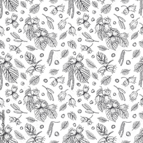 Seamless pattern with hand drawn hazelnut painted by black inks. Nuts, leaves and catkins vector isolated ornate. Repeating illustration for healthy food packaging, textile design or fabric printing