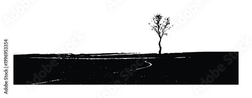 Tableau sur toile Minimalist Black and White Landscape Vector, Lone Tree Silhouette, Winding Path,