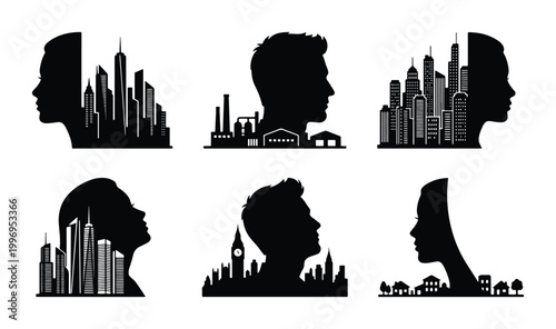 Konstfotografi Urban Silhouette Icons, Cityscape Profiles, Modern Architecture Heads, Business
