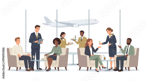 Airport lounge scene with diverse people enjoying refreshments and a flight in the background representing travel and aviation services