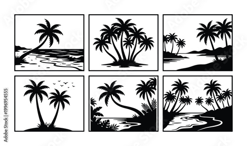 Bild auf Leinwand Tropical Palm Tree Silhouettes, Coastal Beach Scenes, Island Paradise Landscapes