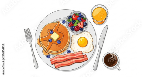 A vector graphic illustration of a delicious breakfast meal on a plate with pancakes, eggs, bacon, and fresh fruit.