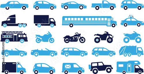 Collection of various vehicle icons representing cars trucks buses motorcycles and emergency vehicles.